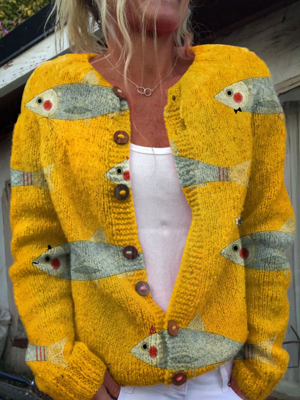 Lucia | Cardigan vintage con pesci e sardine – cardigan a fiori da donna | Erminia Boutique Bologna
