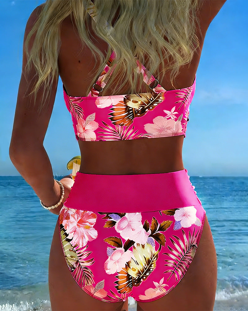 Bikini con motivo floreale a contrasto e spacco