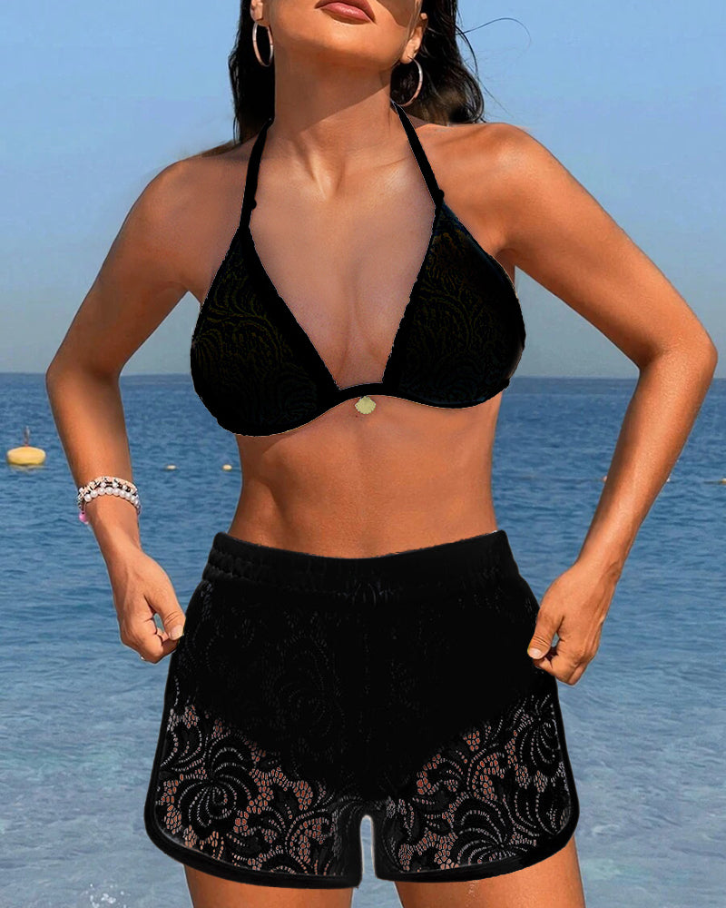 Kamila - Set bikini elegante e monocolore con pizzo