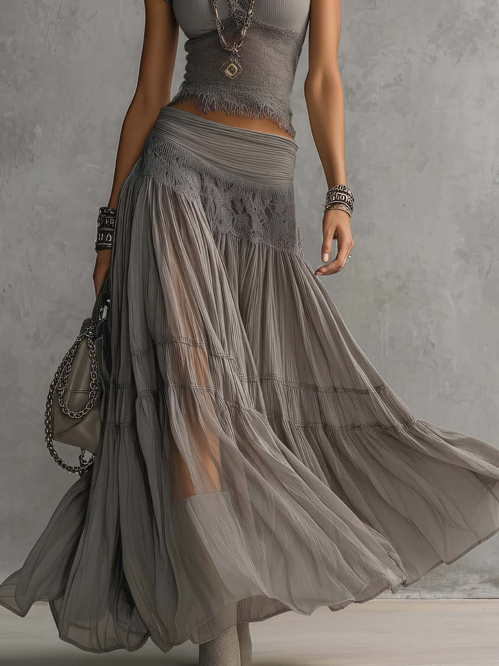 Marta - Top con Pizzo e Gonna Maxi Plissettata