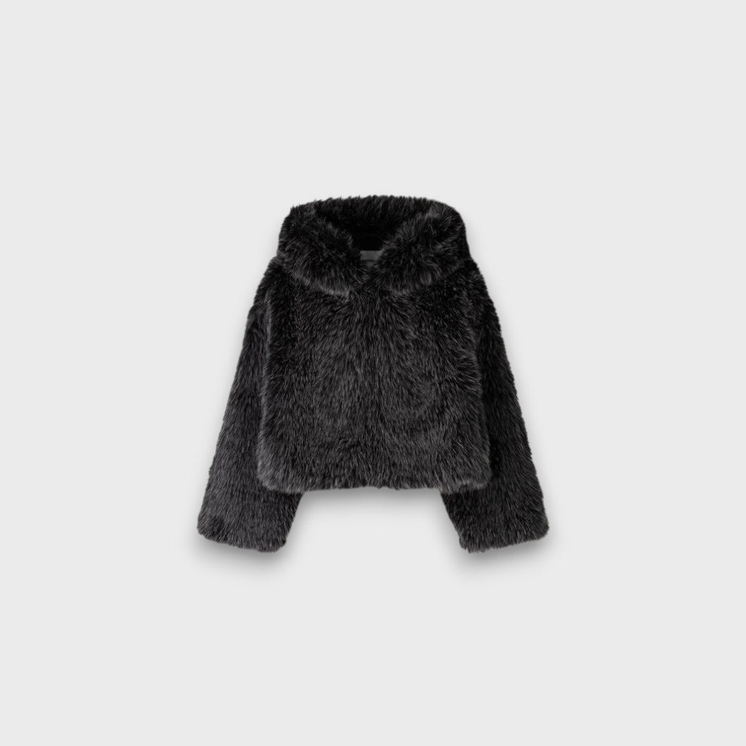 Barbara – Giacca oversize in pelliccia sintetica grigia