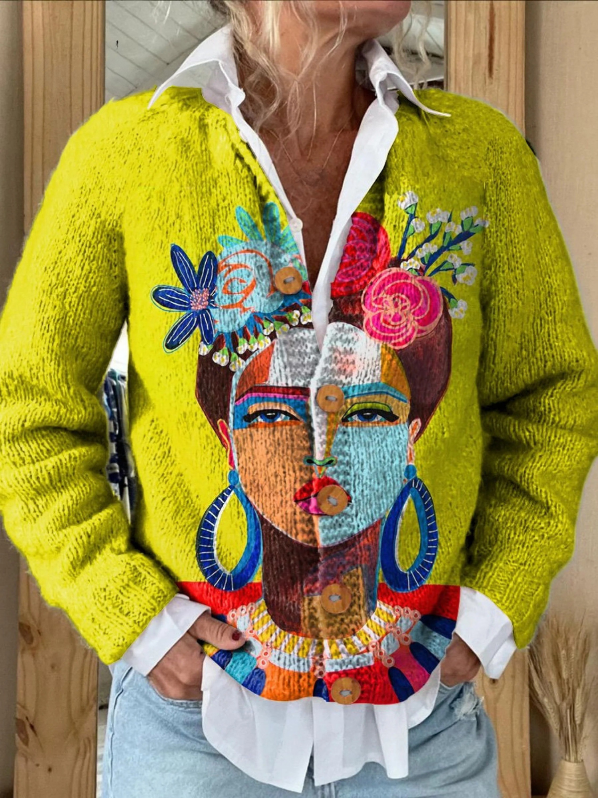 Carla | Cardigan con ritratto dipinto – cardigan a fiori da donna | Erminia Boutique Bologna