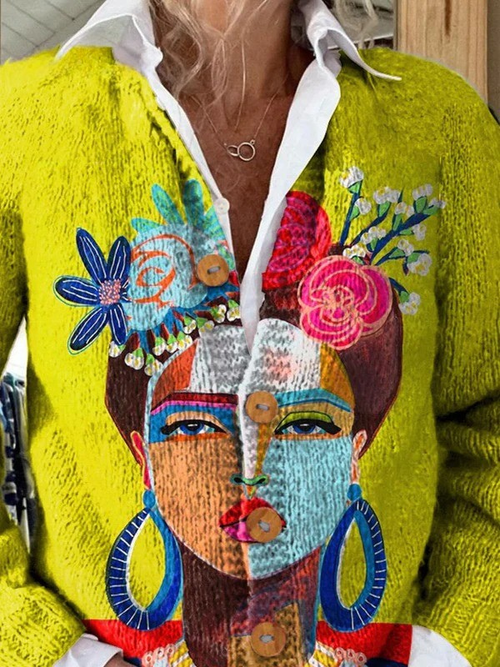 Carla | Cardigan con ritratto dipinto – cardigan a fiori da donna | Erminia Boutique Bologna