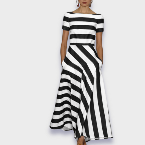 Alba | Abiti a righe lunghi, fatti a mano – abiti eleganti da donna | Erminia Boutique Bologna