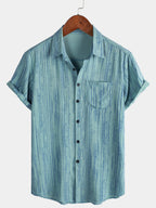 Camicia da uomo traspirante a maniche corte a righe blu con taschino