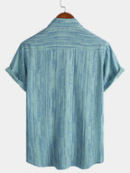 Camicia da uomo traspirante a maniche corte a righe blu con taschino