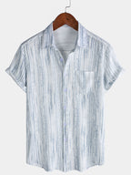 Camicia da uomo traspirante a maniche corte a righe bianche con taschino
