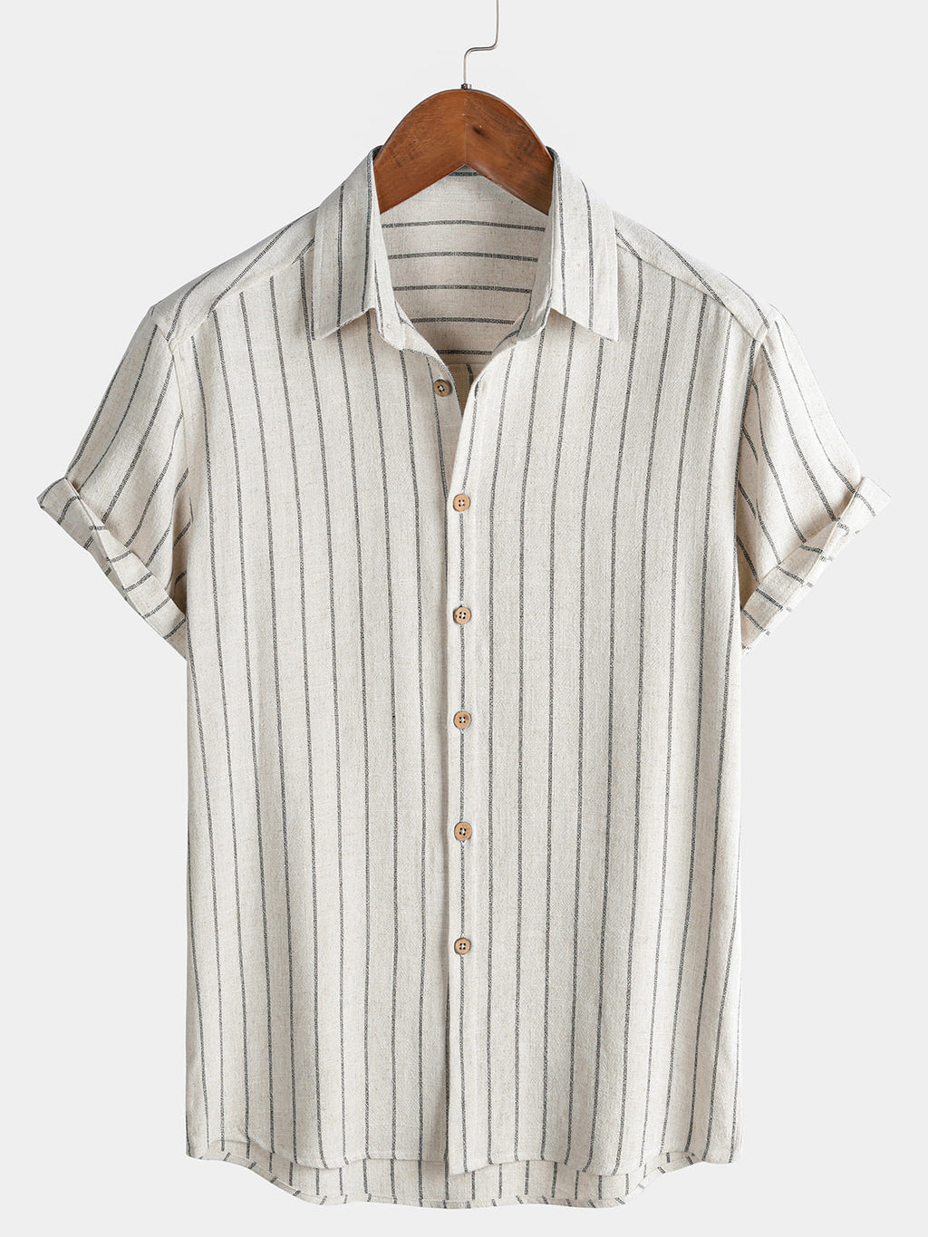 Camicia da uomo beige in lino a righe con maniche corte