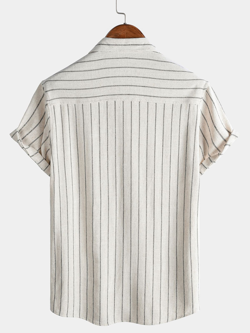 Camicia da uomo beige in lino a righe con maniche corte