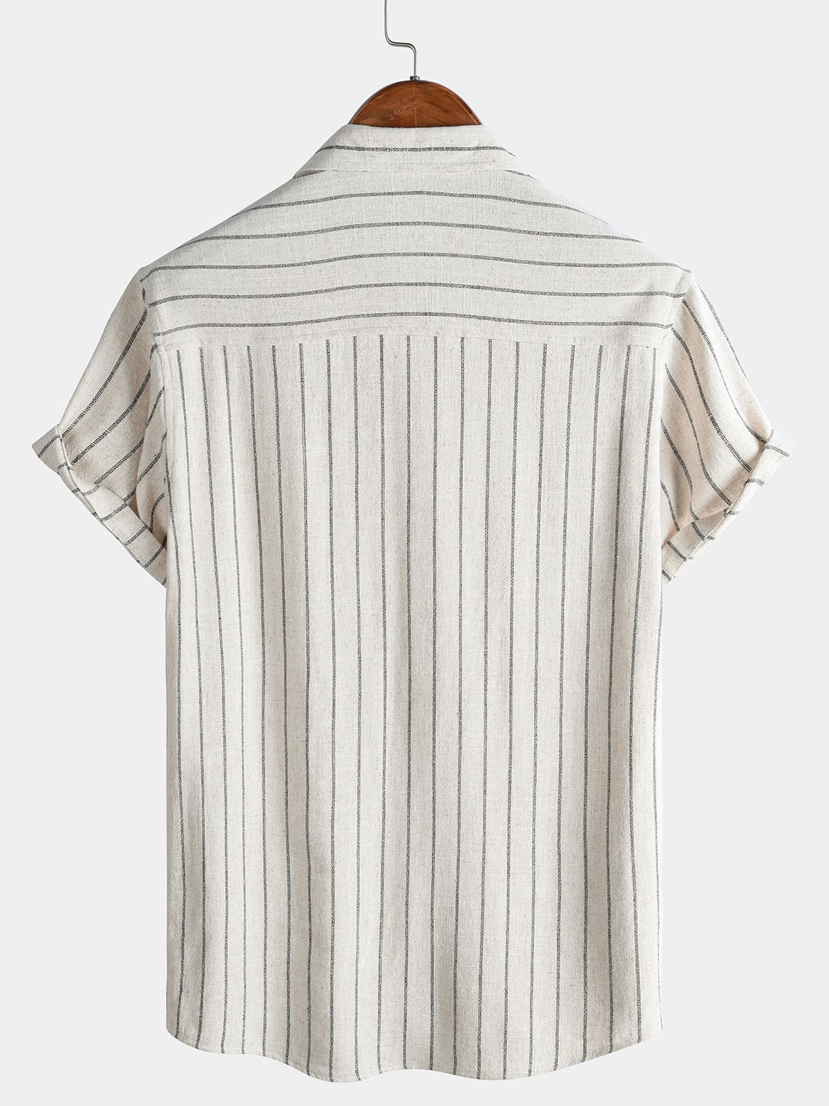 Camicia da uomo beige in lino a righe con maniche corte