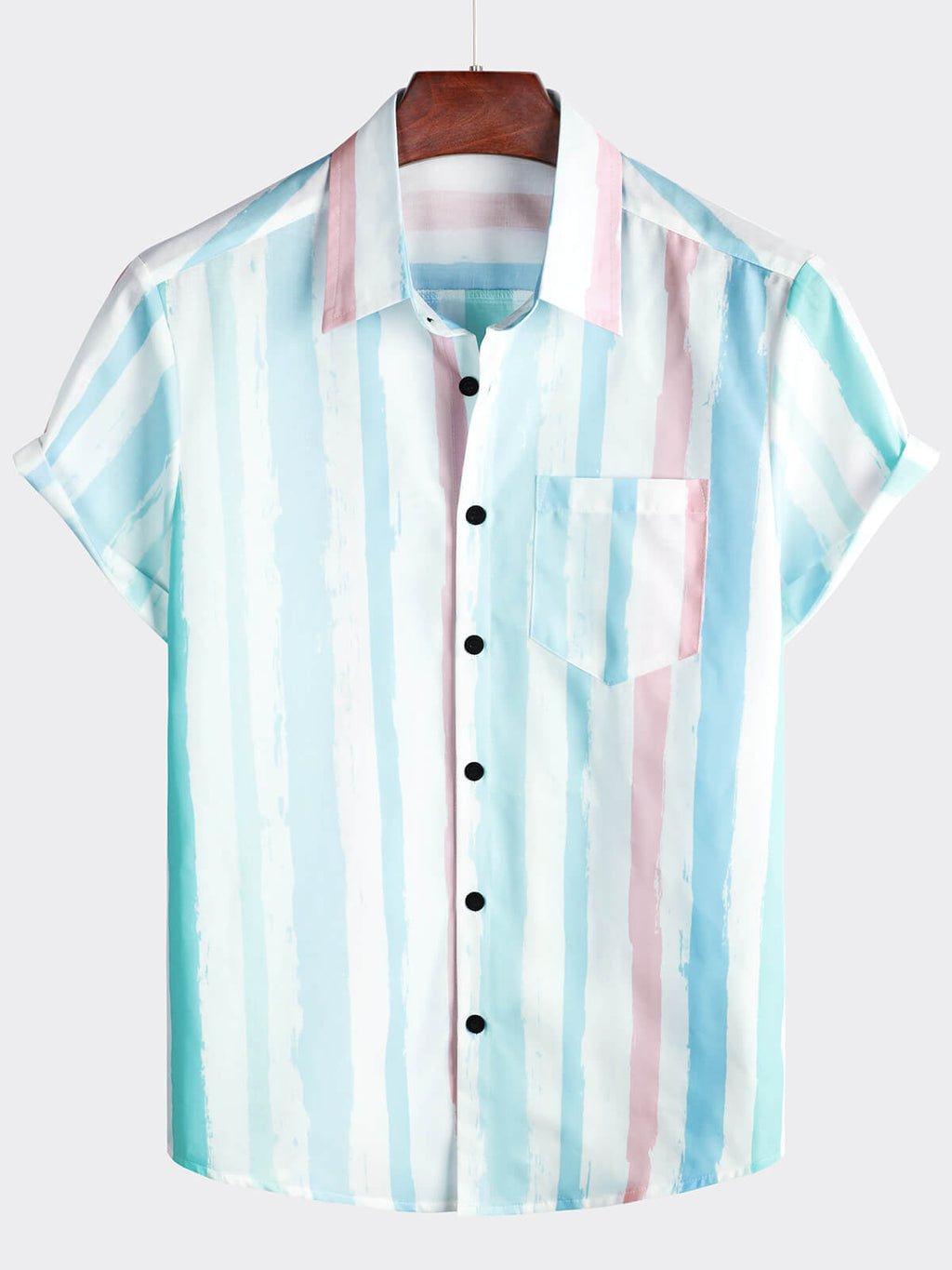 Camicia da uomo a righe blu e rosa per l'estate con maniche corte