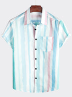 Camicia da uomo a righe blu e rosa per l'estate con maniche corte