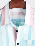 Camicia da uomo a righe blu e rosa per l'estate con maniche corte