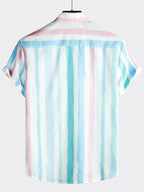 Camicia da uomo a righe blu e rosa per l'estate con maniche corte