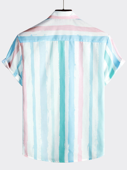 Camicia da uomo a righe blu e rosa per l'estate con maniche corte – camicie casual da uomo | Erminia Boutique Bologna