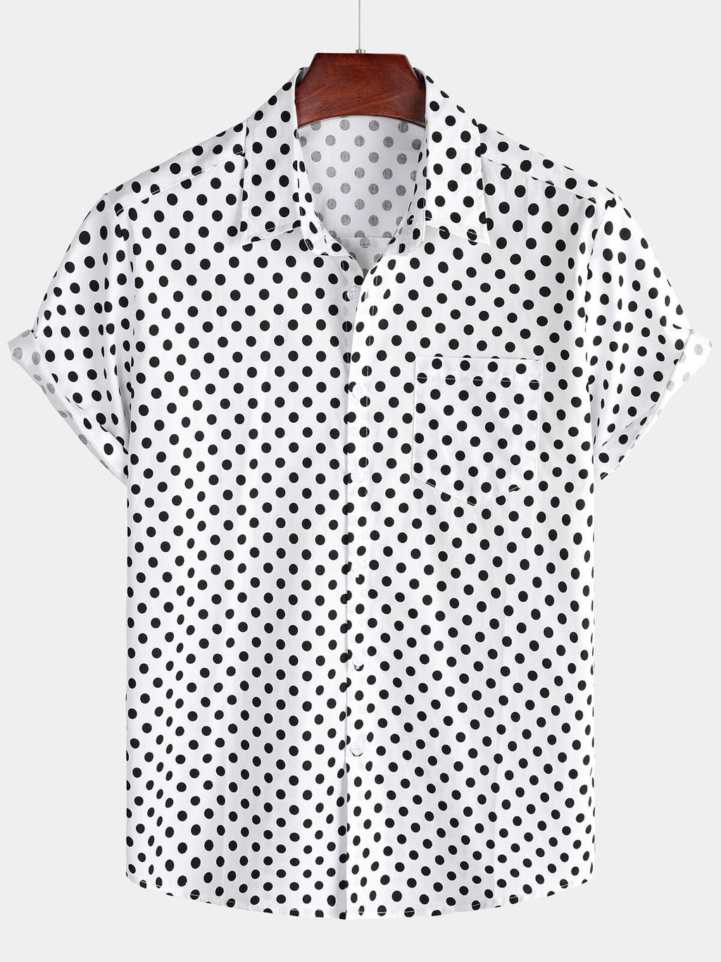 Camicia estiva da uomo in cotone a pois bianchi con maniche corte e taschino