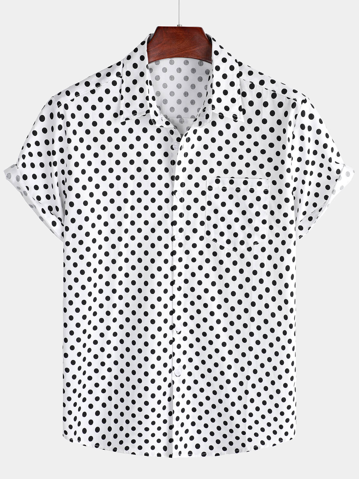Camicia estiva da uomo in cotone a pois bianchi con maniche corte e taschino