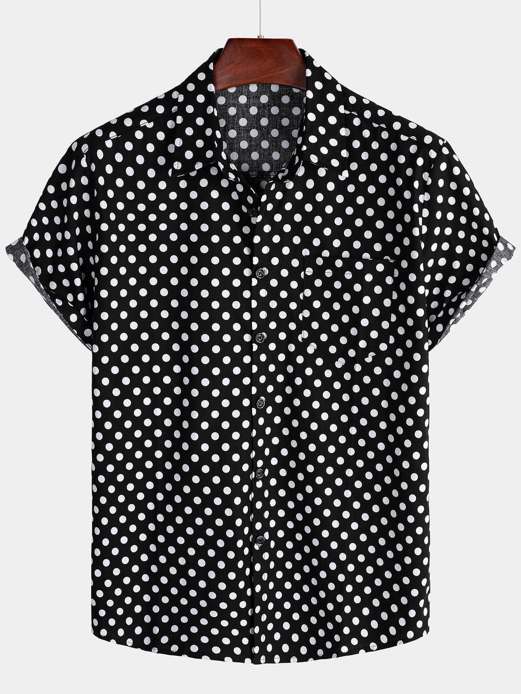 Camicia da Uomo in Cotone a Maniche Corte con Pois Neri per l'Estate con Tasca