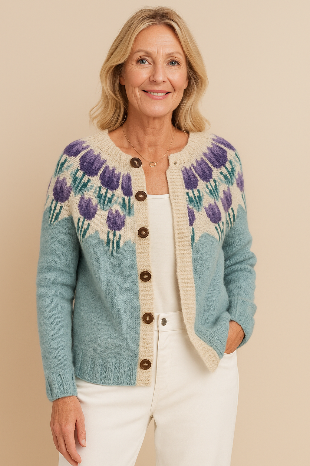 Maristella | Cardigan con tulipani viola – cardigan a fiori da donna | Erminia Boutique Bologna