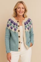 Maristella | Cardigan con tulipani viola – cardigan a fiori da donna | Erminia Boutique Bologna