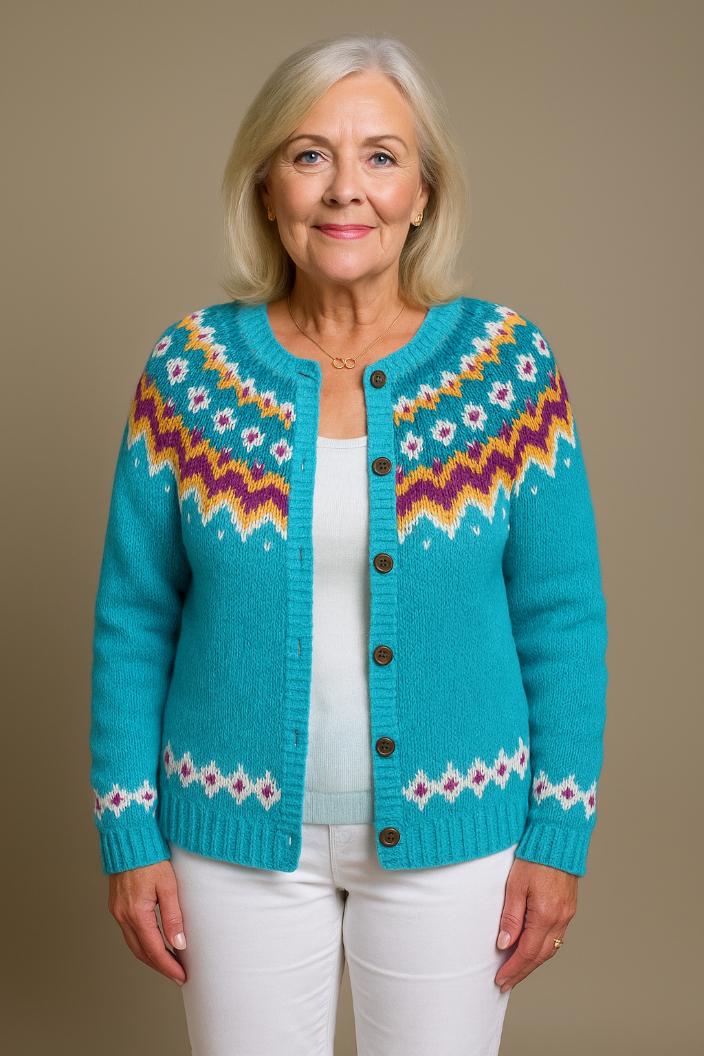 Arianna | Cardigan turchese a zig zag – cardigan a righe da donna | Erminia Boutique Bologna