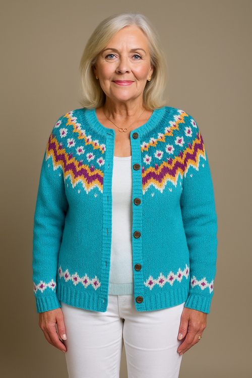 Arianna | Cardigan turchese a zig zag – cardigan a righe da donna | Erminia Boutique Bologna