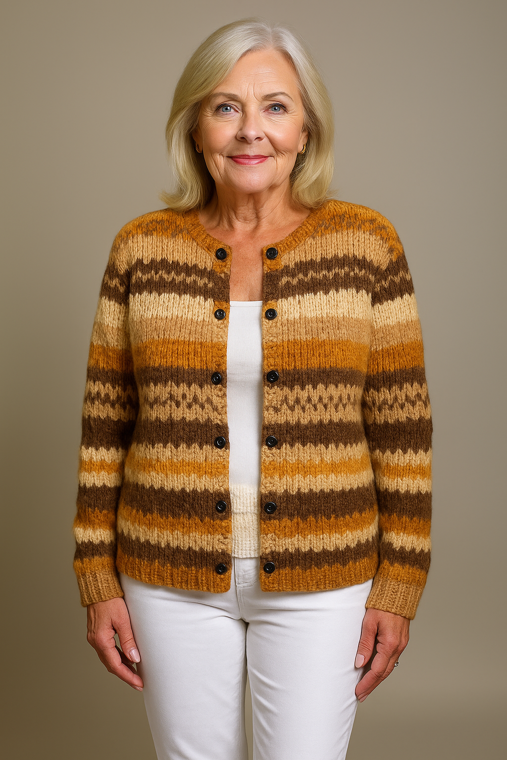 Leda | Cardigan a righe senape e marrone – cardigan a righe da donna | Erminia Boutique Bologna