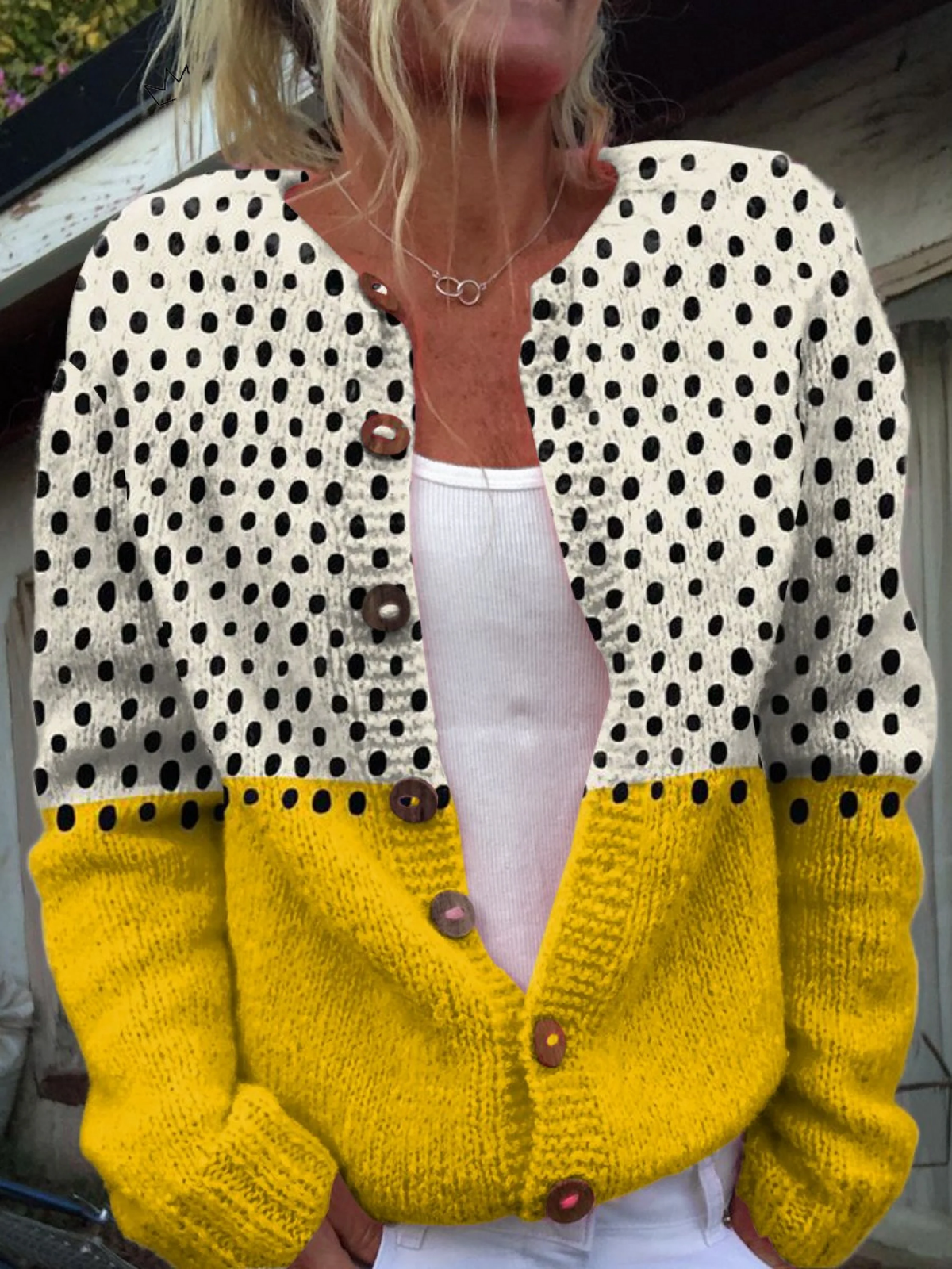Gemma | Cardigan giallo a pois – cardigan a fiori da donna | Erminia Boutique Bologna