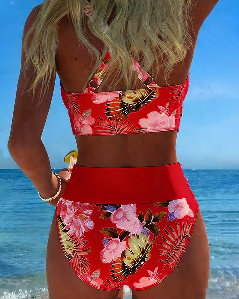 Bikini con motivo floreale a contrasto e spacco