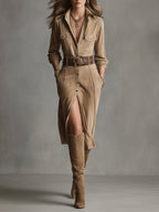 Joanna - Abito midi in suede marrone