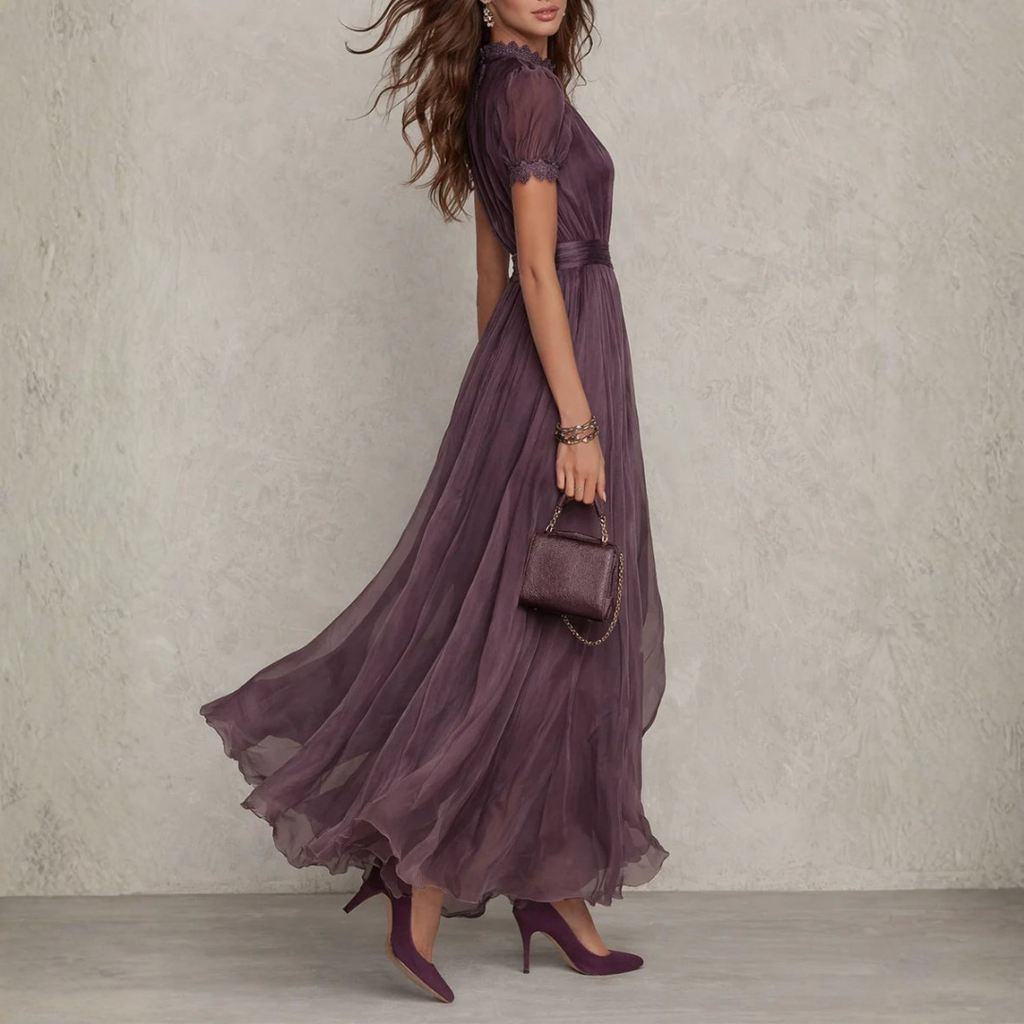 Zofia - Abito maxi in chiffon con rifiniture in pizzo