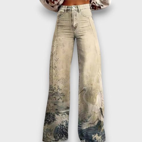 Alana | jeans larghi con stampa giapponese – pantaloni da donna | Erminia Boutique Bologna