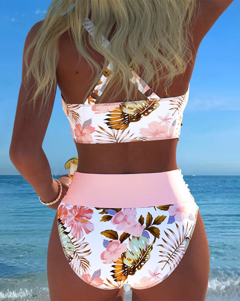 Bikini con motivo floreale a contrasto e spacco