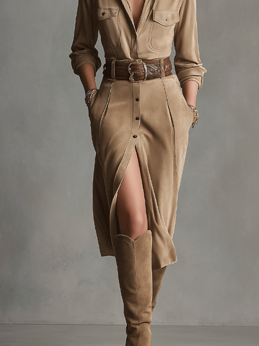 Joanna - Abito midi in suede marrone