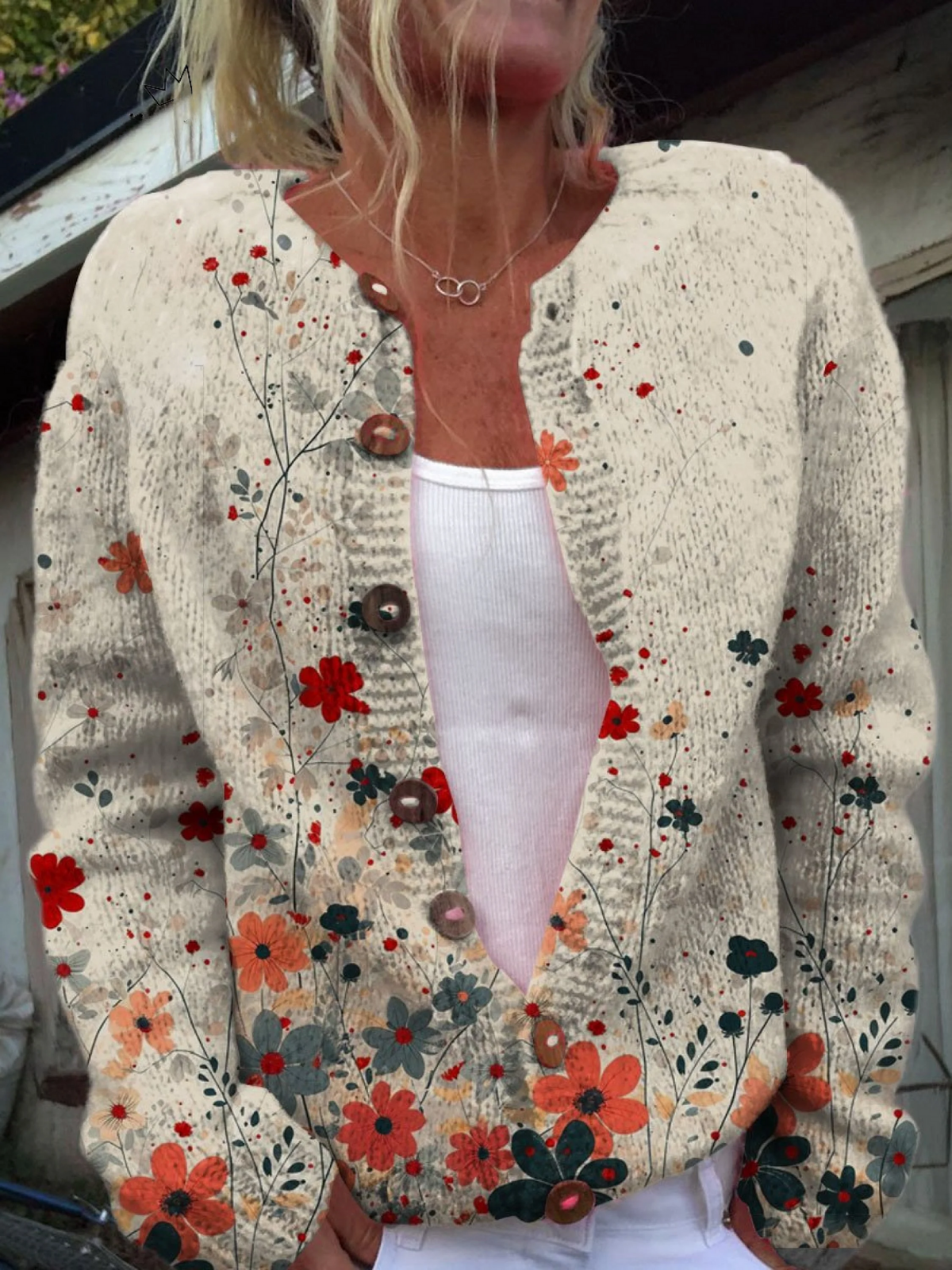Doriana | Cardigan con fiorellini rossi – cardigan a fiori da donna | Erminia Boutique Bologna