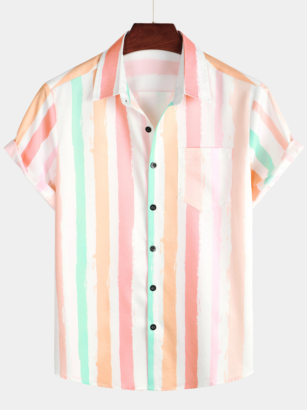 Camicia estiva da uomo rosa e bianca a righe verticali con tasca e bottone, maniche corte
