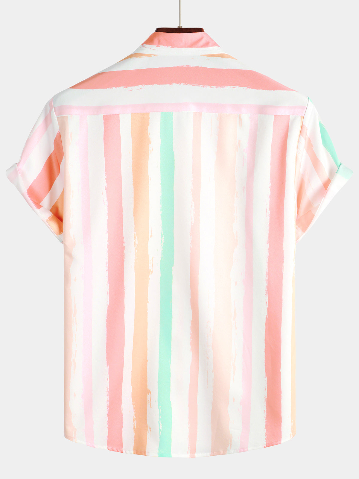 Camicia estiva da uomo rosa e bianca a righe verticali con tasca e bottone, maniche corte