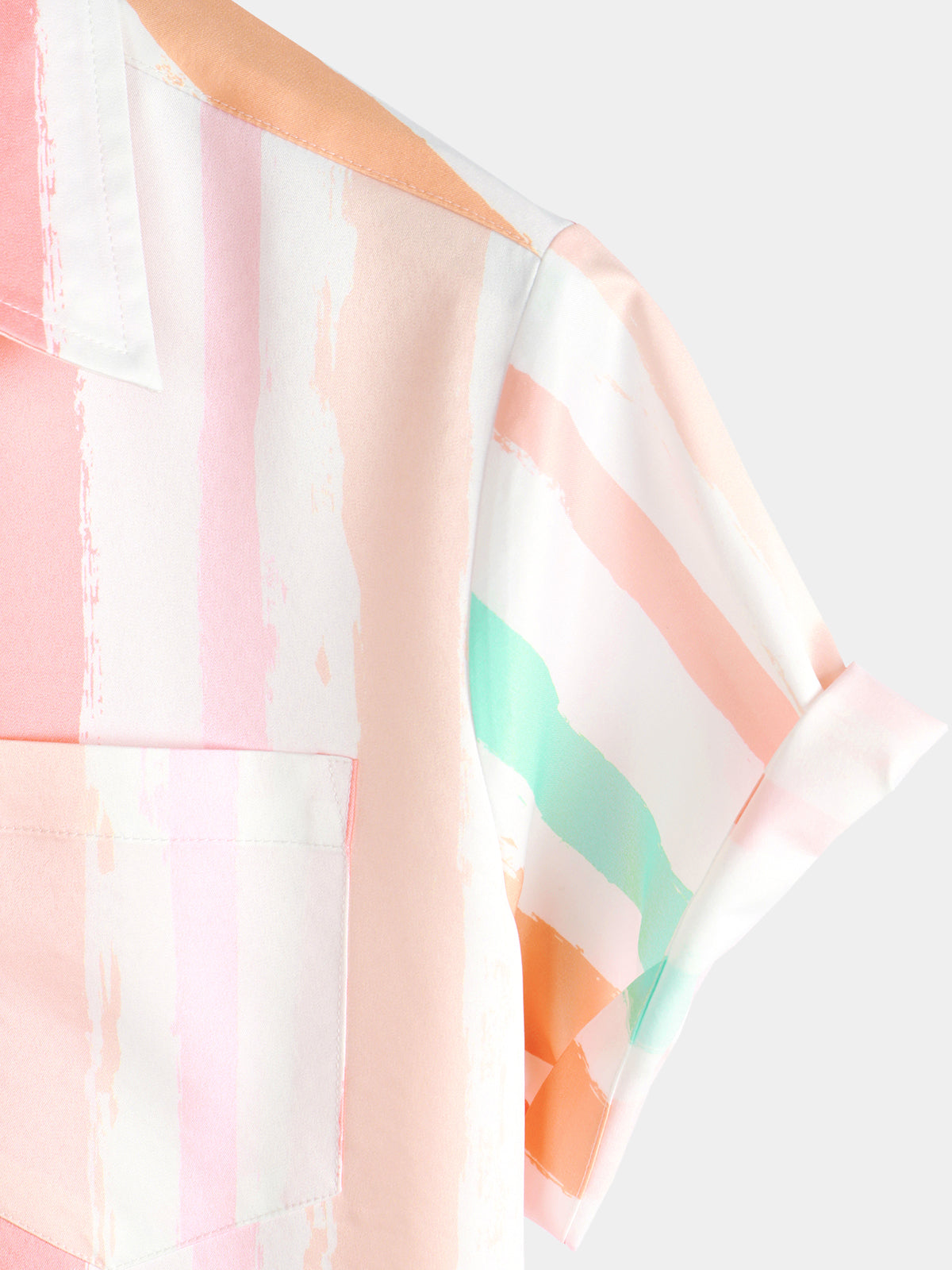 Camicia estiva da uomo rosa e bianca a righe verticali con tasca e bottone, maniche corte