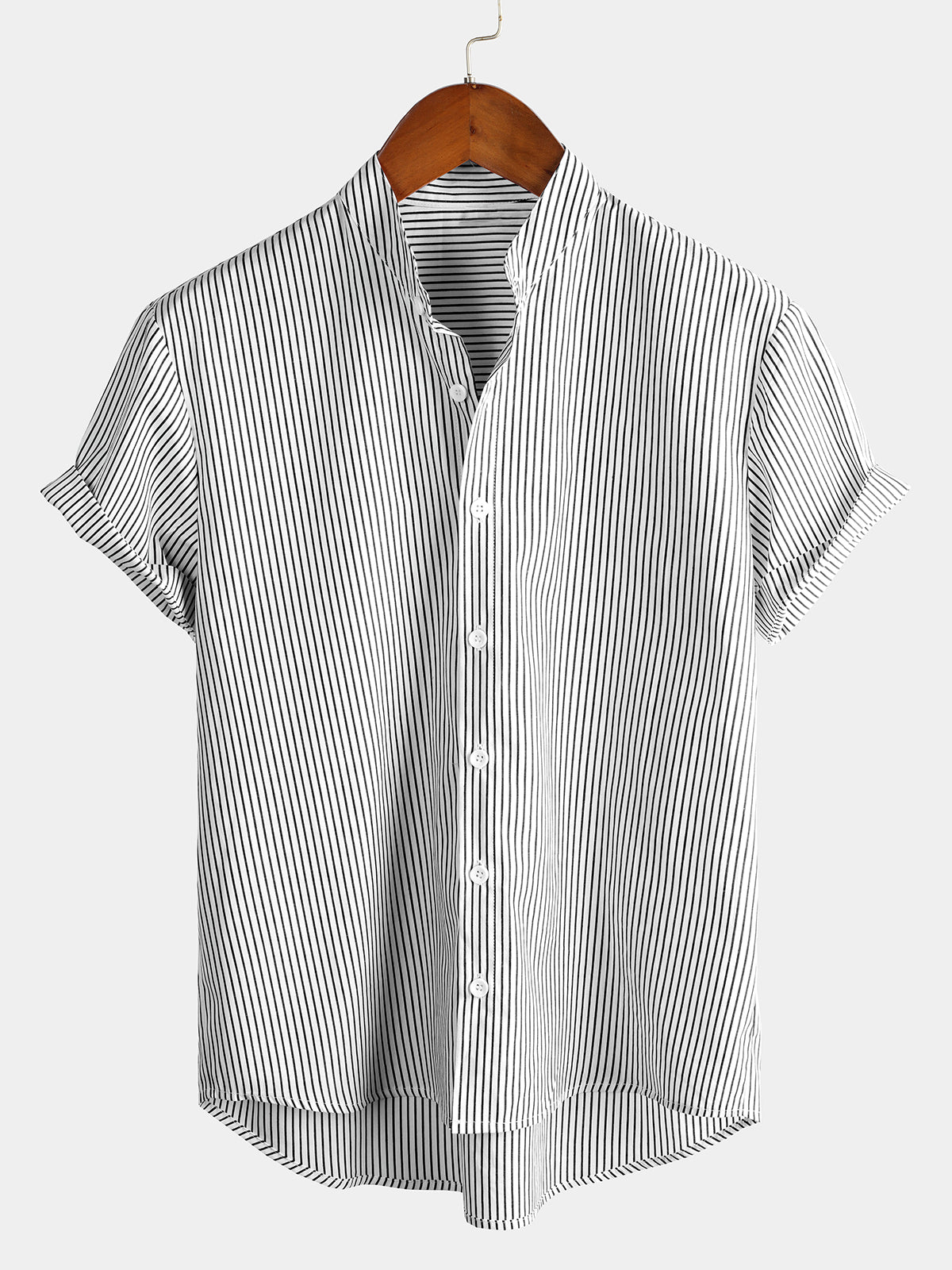 Camicia Henley da uomo in cotone con colletto traspirante, colore uniforme, maniche corte, classico motivo a righe verticali