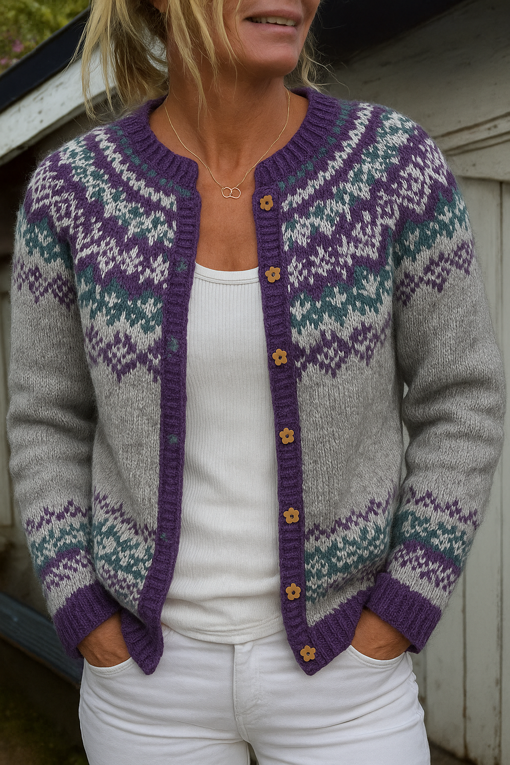 Rossella | Cardigan grigio con motivo viola – cardigan nordico da donna | Erminia Boutique Bologna