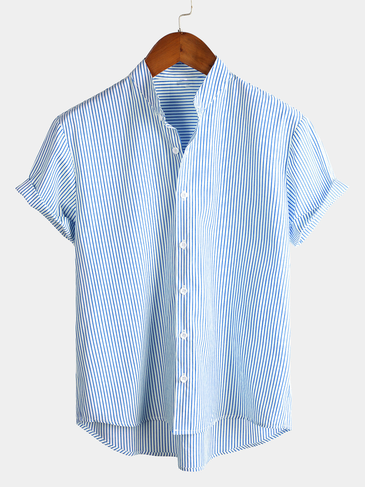 Camicia Henley da uomo in cotone con colletto traspirante, colore uniforme, maniche corte, classico motivo a righe verticali
