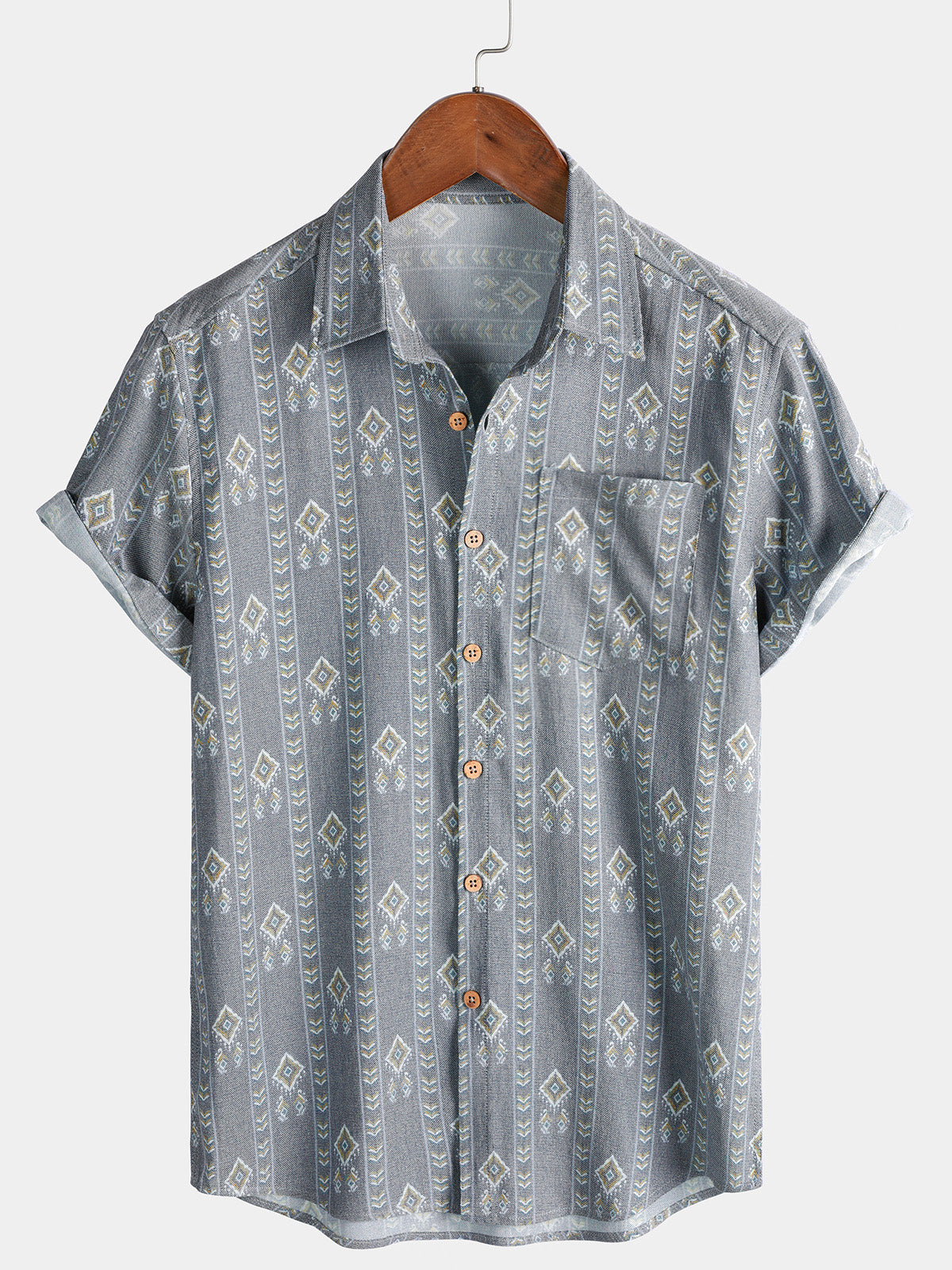 Camicia vintage da uomo a righe verticali con maniche corte in stile azteco, grigia