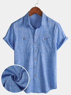 Camicia Casual da Uomo in Cotone Traspirante con Maniche Corte e Due Tasche