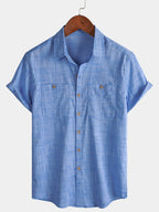 Camicia Casual da Uomo in Cotone Traspirante con Maniche Corte e Due Tasche