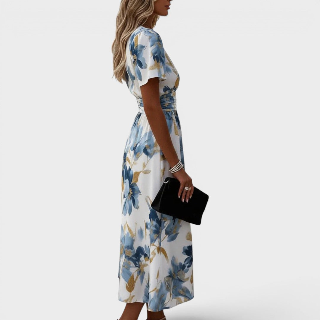 Elara - Vestito Midi Floreale con Fiocco in Vita