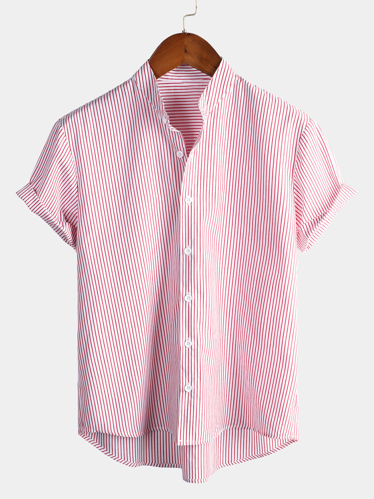 Camicia Henley da uomo in cotone con colletto traspirante, colore uniforme, maniche corte, classico motivo a righe verticali