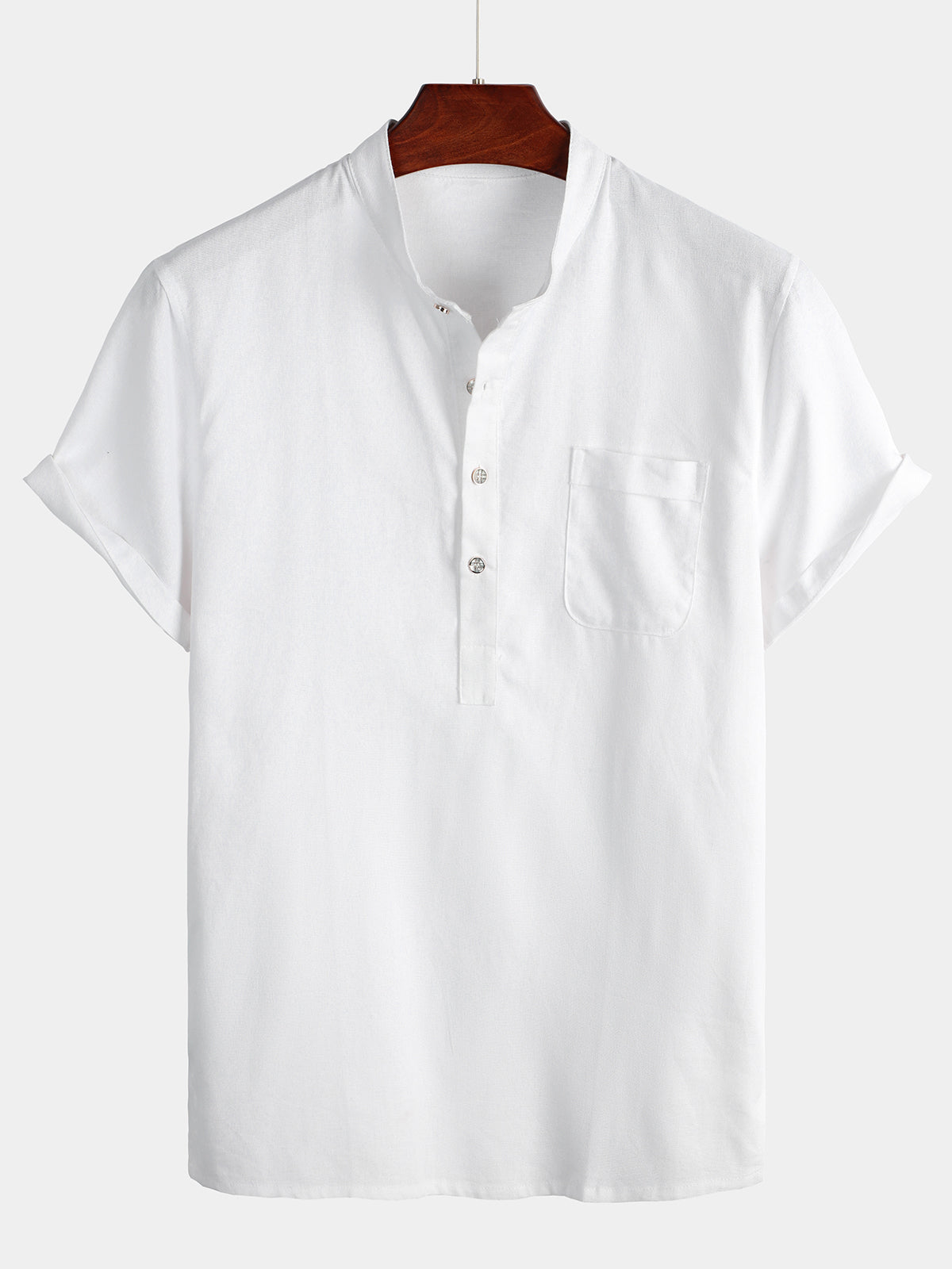 Camicia da uomo a maniche corte in un colore uniforme con colletto alla coreana e tasca frontale
