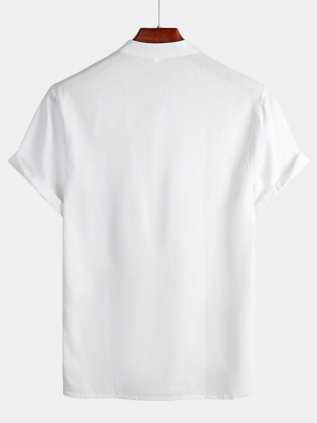 Camicia da uomo a maniche corte in tinta unita con colletto alla coreana e tasca frontale