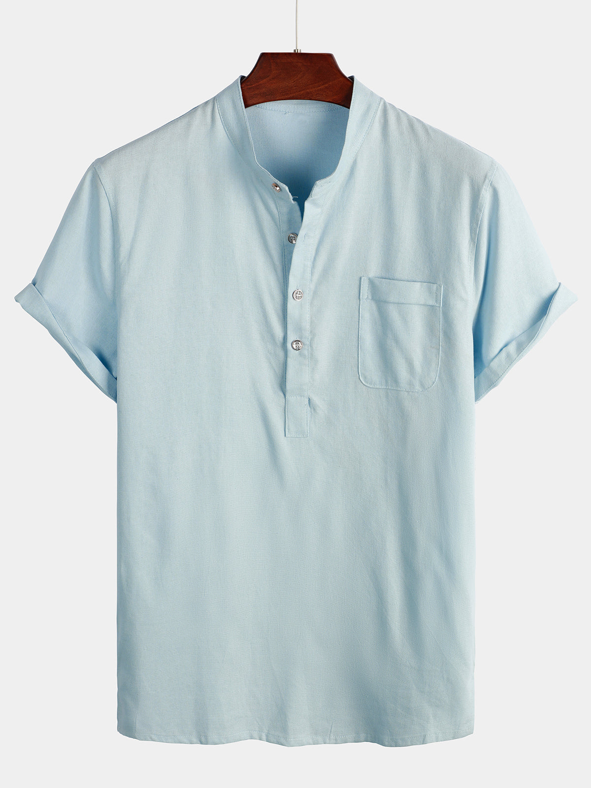 Camicia da uomo a maniche corte in un colore uniforme con colletto alla coreana e tasca frontale