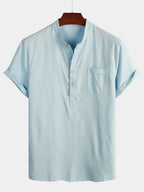 Camicia da uomo a maniche corte in tinta unita con colletto alla coreana e tasca frontale